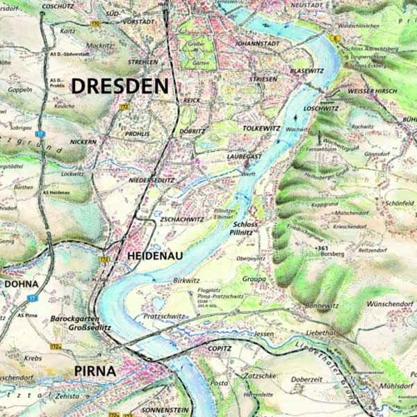Die Elbe von Decin bis Riesa Panoramakarte aus der Vogelschau
