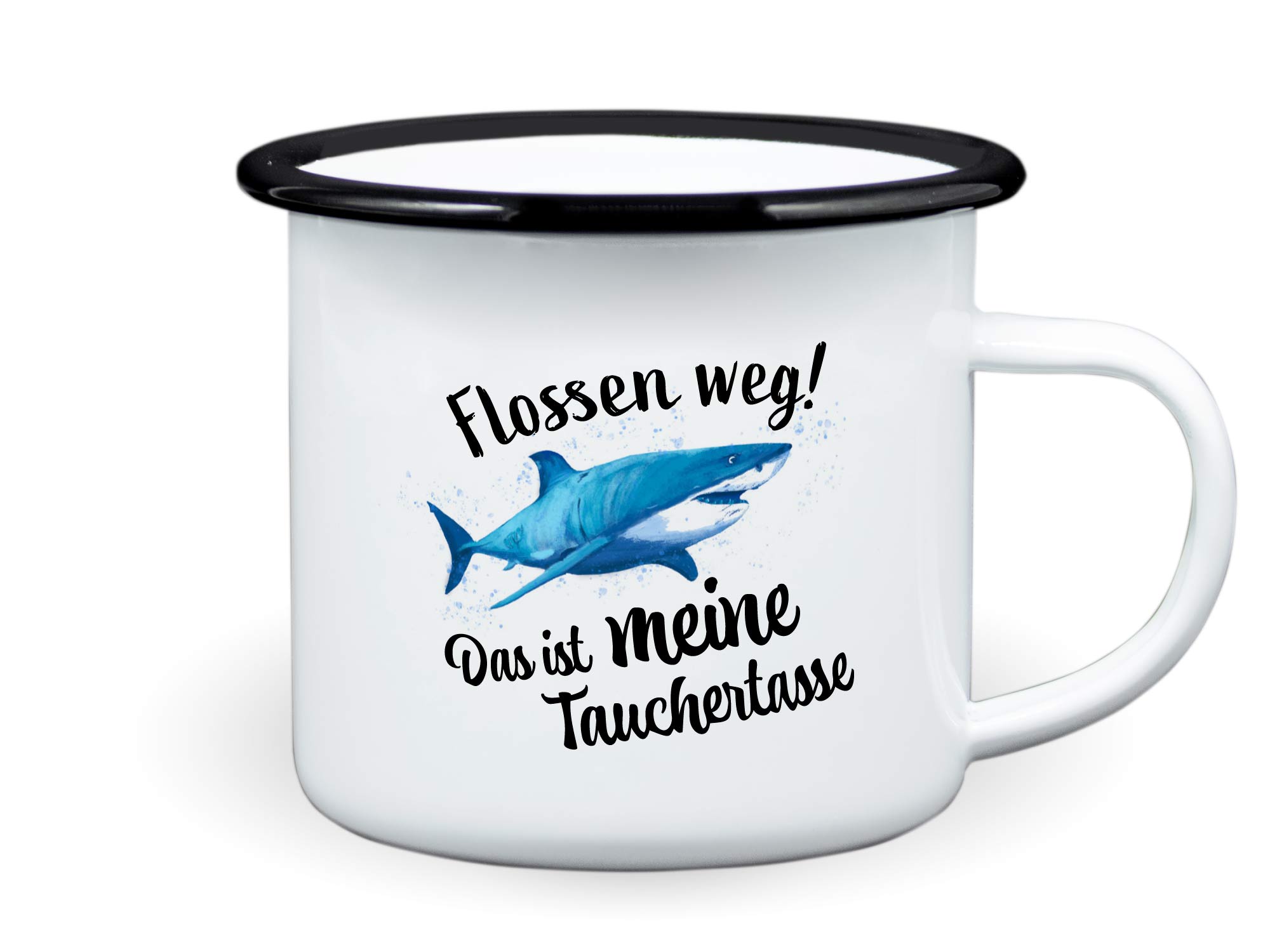 Emailletasse Taucher Hai Flossen weg