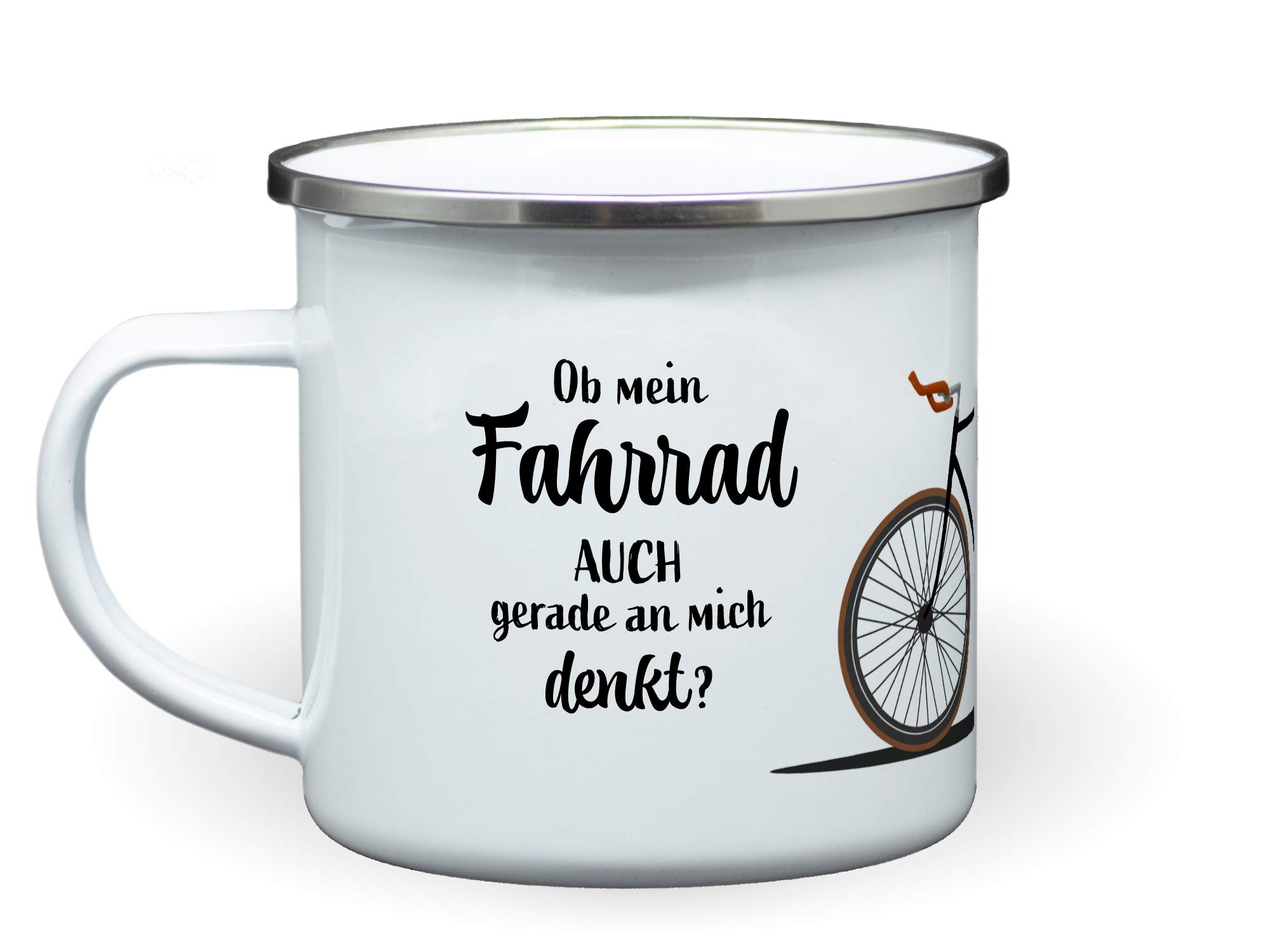 Emailletasse Radfahrer "Ob mein Fahrrad auch gerade an mich denkt?"
