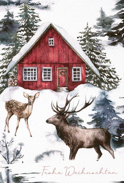 Weihnachtskarte Hirsch vor rotem Haus