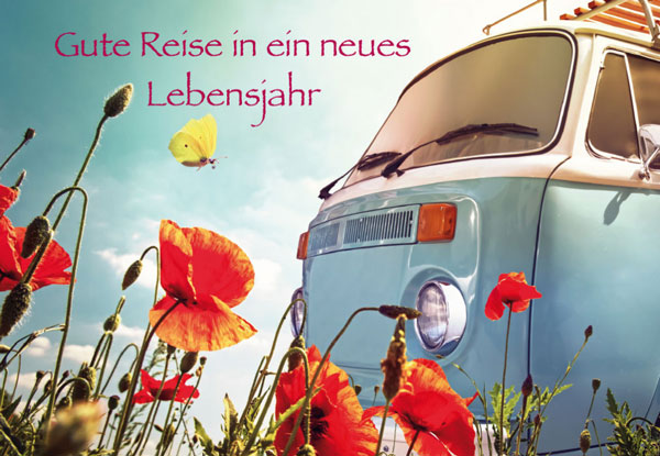 geburtstagskarte vw bus hellblau vw bulli mohnblumen