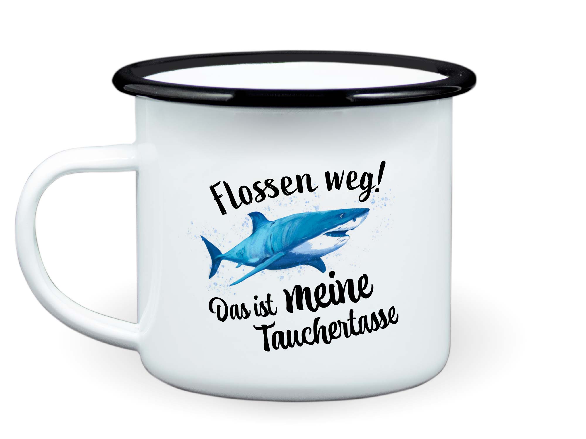 Emailletasse Taucher Hai Flossen weg