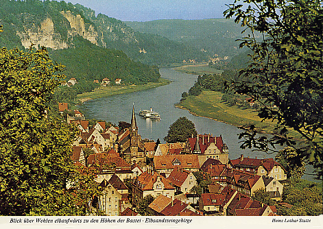 Ansichtskarte Blick über Wehlen elbaufwärts zu den Höhen der Bastei