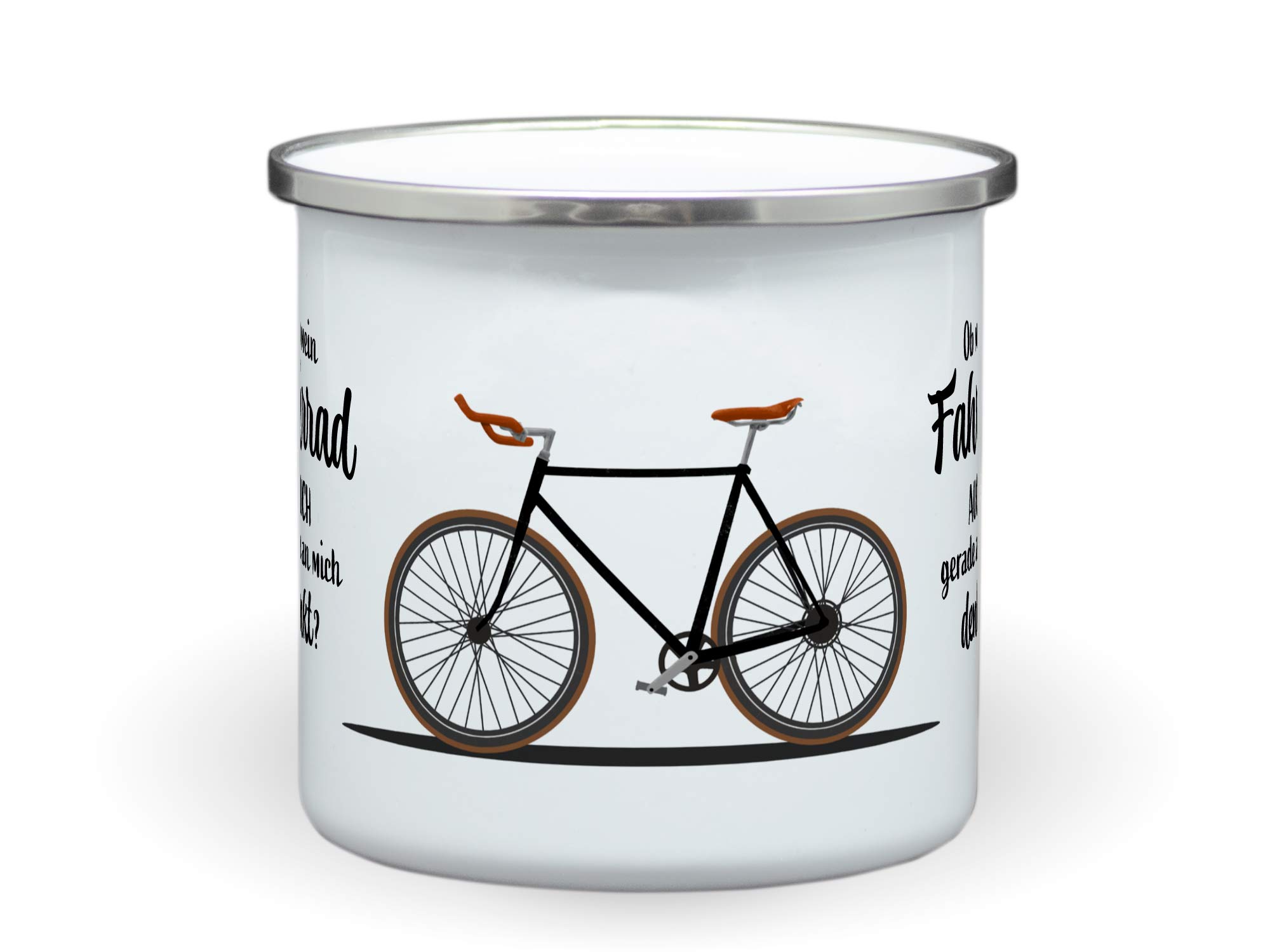 Emailletasse Radfahrer "Ob mein Fahrrad auch gerade an mich denkt?"